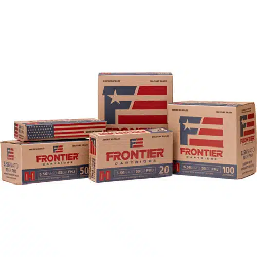 Frontier ammunition boxes with patriotic American flag design in various sizes for shooting enthusiasts.