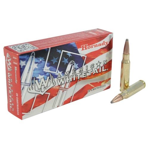 Hornady American Whitetail ammunition box for deer hunting with precision bullets, featuring patriotic design.