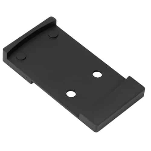 Durable black mounting bracket with two holes for secure support in mechanical and electronic applications.