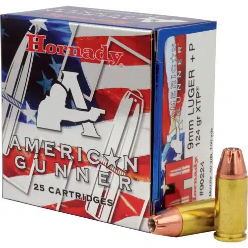 Hornady American Gunner 9mm Luger +P ammunition, 124 grain, 25 cartridges for reliable performance.