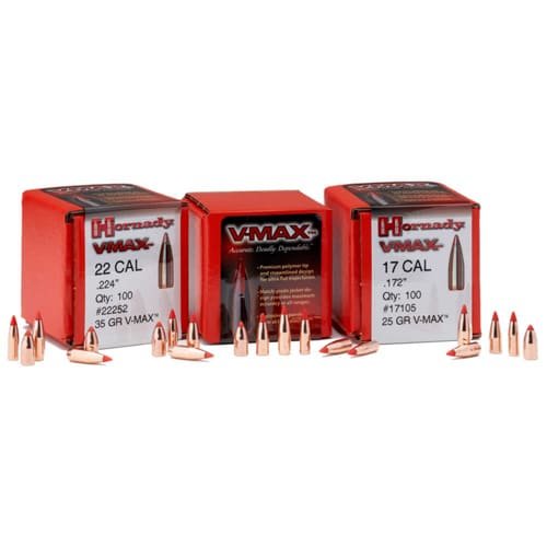 Hornady VMAX projectiles: .22CAL, .17CAL, and 25GR bullets for precision shooting and hunting.