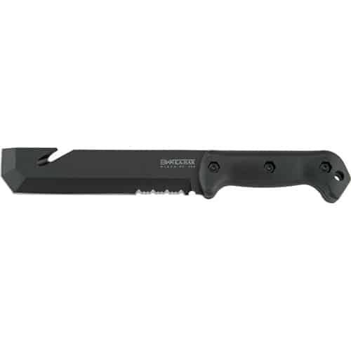 Durable tactical knife with serrated blade, ergonomic handle, and lanyard holes for portability.