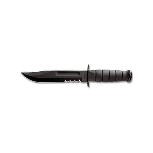 Durable tactical knife with ergonomic grip, matte blade, and integrated safety guard for precision cutting.