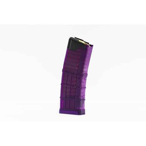 Stylish purple firearm magazine with ribbed grip for reliable performance and unique aesthetics.