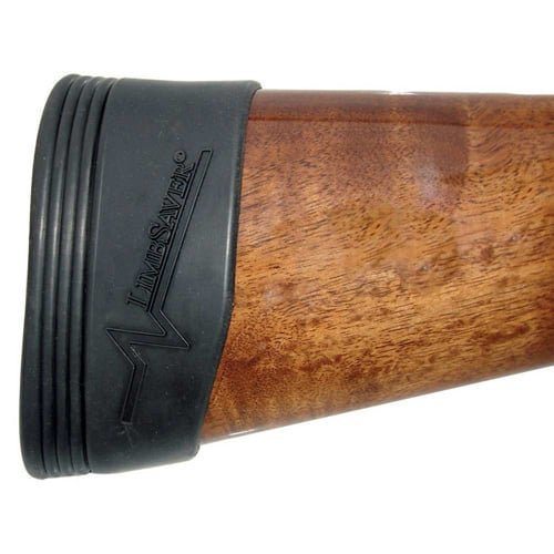 Elegant wooden firearm stock with rubber butt pad for recoil absorption and improved grip comfort.