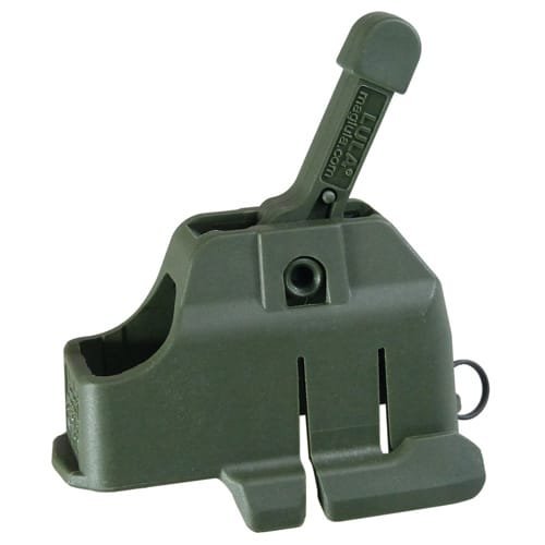 Efficient olive green magazine loader with ergonomic lever for quick and easy ammunition loading.