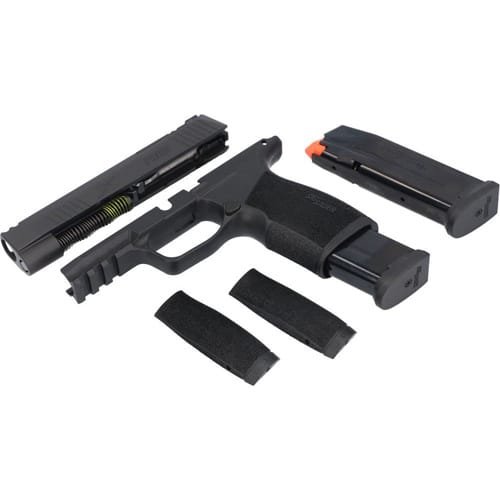 Disassembled firearm components highlighting ergonomic design, customization options, and maintenance features.