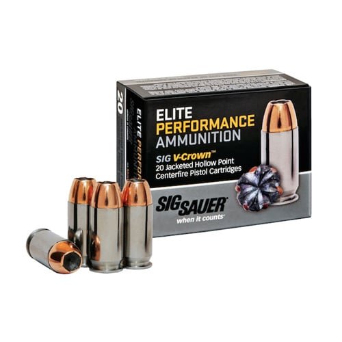 SIG Sauer Elite Performance Hollow Point Ammunition, 20 premium rounds for self-defense and competition.