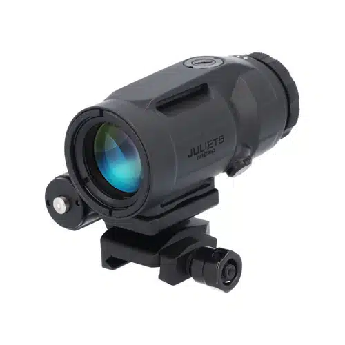 Tactical sight with adjustable mount and blue-tinted lens for precision shooting on rifles and shotguns.