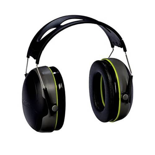 Stylish black earmuffs with green accents for effective noise cancellation and comfort.