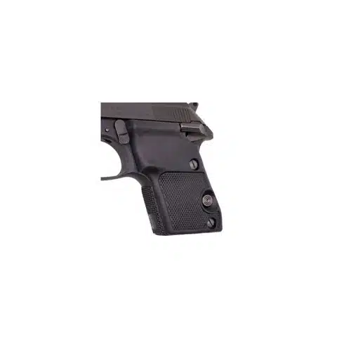 Ergonomic matte black grip enhances firearm control and comfort for tactical and defense use.