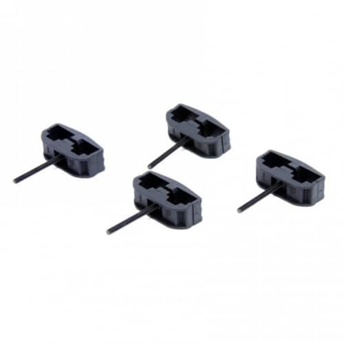 Set of four durable black plastic fasteners for secure assembly in electronics and mechanics.