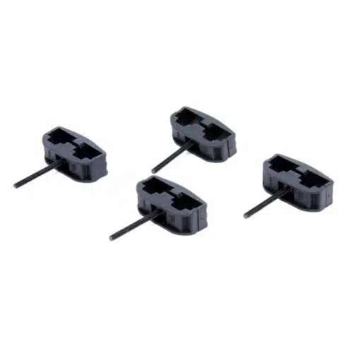 Set of four durable black plastic fasteners for secure assembly in electronics and mechanics.