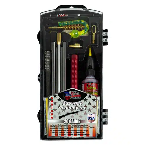 Durable 20-gauge shotgun cleaning kit with tools for efficient firearm maintenance.