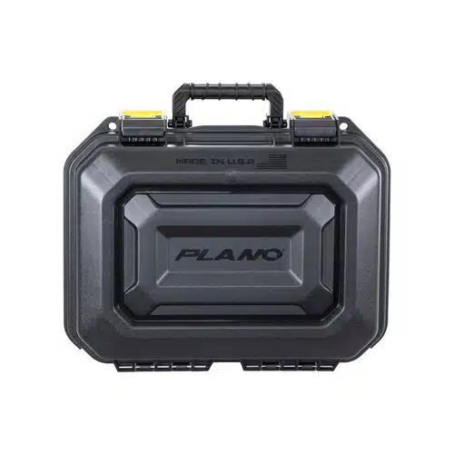 Durable Plano black storage case with handle, latches, and weather-resistant design for safe transport.