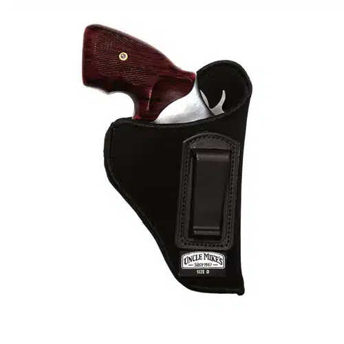 Stylish compact handgun holster with wooden grip, secure belt attachment, and comfortable padding.