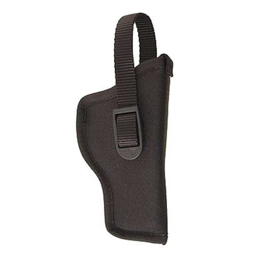 Durable black handgun holster with adjustable strap for secure and accessible everyday carry.