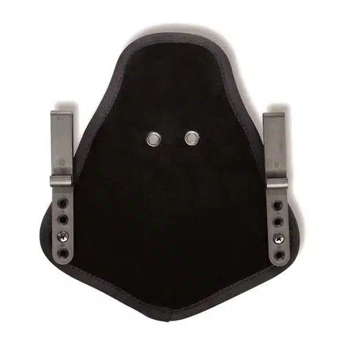 Durable black holster with secure clips and adaptable design for firearm safety and comfort.