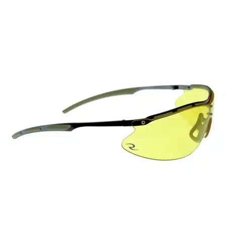 Sporty wrap-around sunglasses with yellow lenses for enhanced visibility during outdoor activities.