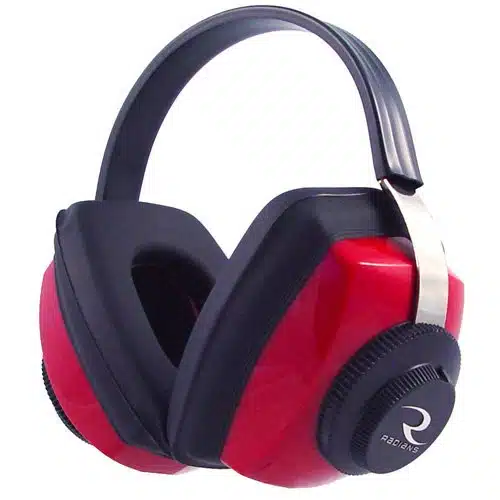 Sleek red and black noise-canceling headphones for comfort and auditory protection.