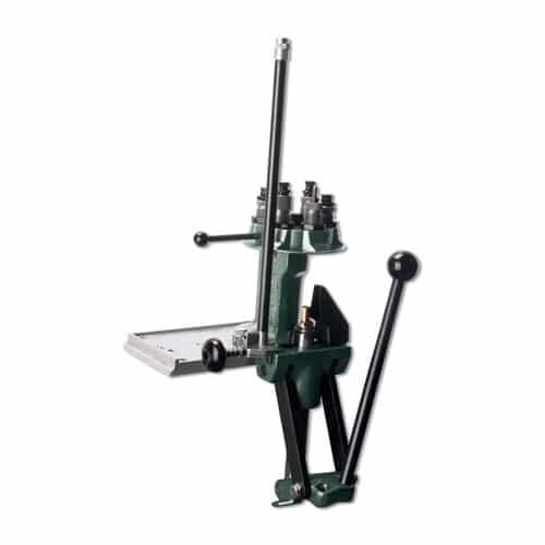 Heavy-duty green reloading press with ergonomic handles for efficient ammunition customization and precision.