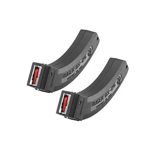 Curved black airsoft magazines with red sections for visibility and performance in gameplay.