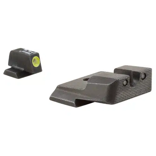 Durable firearm sights with yellow dot for enhanced accuracy and quick target acquisition.