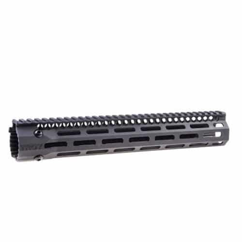 Tactical AR-15 handguard with ventilation, accessory mounts, and ergonomic grip for enhanced shooting performance.