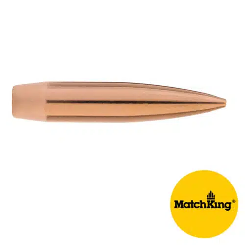 High-performance MatchKing bullet with polished finish, grooves for accuracy, ideal for competitive shooting.