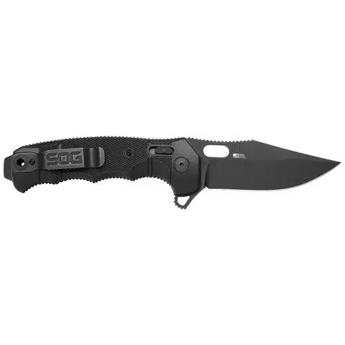 Sleek tactical folding knife with ergonomic handle, sharp curved blade, and convenient pocket clip.