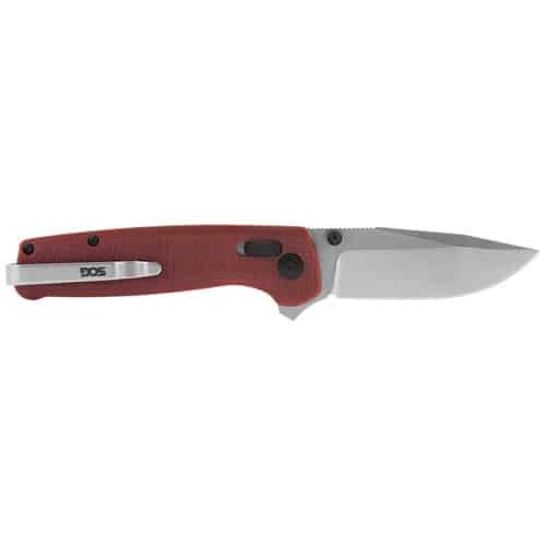 Sleek folding knife with stainless steel blade, ergonomic red handle, and convenient pocket clip.