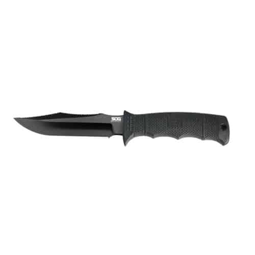 Ergonomic tactical knife with dark steel blade, serrated edge, and secure rubberized grip.