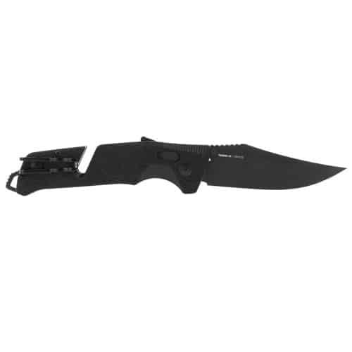 All-black folding tactical knife with a sharp blade and textured grip for ultimate control.