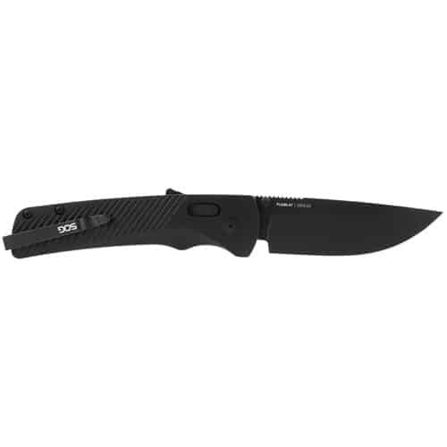 Sleek tactical folding knife with black blade, textured handle, and convenient pocket clip.