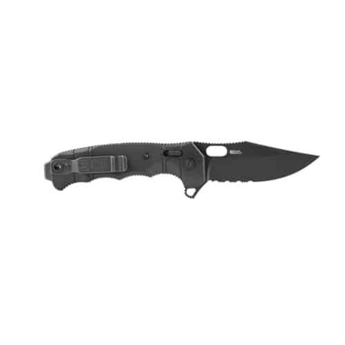 Sleek tactical folding knife with serrated blade, ergonomic handle, and one-handed opening mechanism.