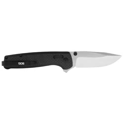 Modern black folding knife with stainless steel blade, ergonomic handle, ideal for various tasks.