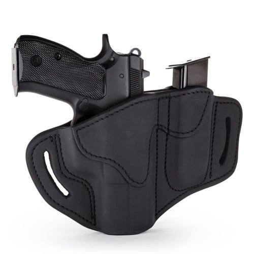 Premium black leather gun holster with magazine holder for secure, stylish firearm carry.