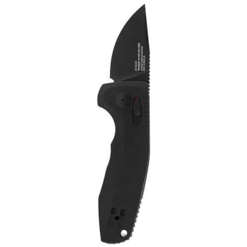 Versatile black folding knife with serrated edge, ergonomic handle, and reliable locking mechanism.