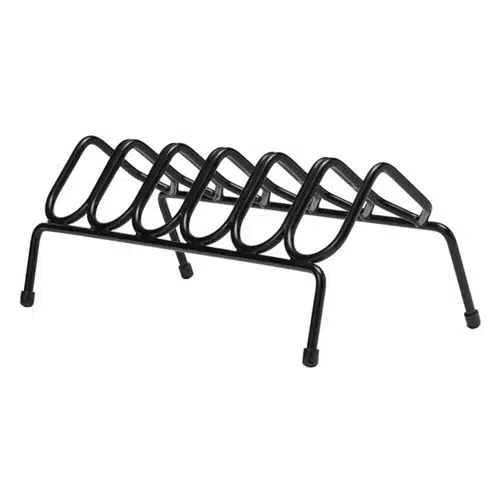 Stylish black metal pot rack with zigzag design for efficient kitchen organization and accessibility.