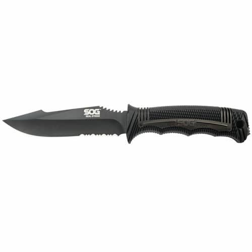 SOG Tactical Knife with ergonomic grip, hybrid blade, and sleek black finish for ultimate functionality.