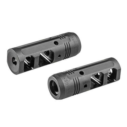 Sleek matte black muzzle brake compensator for improved firearm accuracy and reduced recoil.