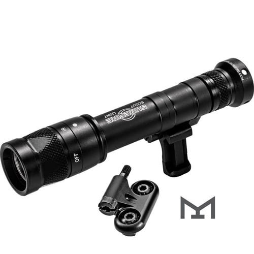 Durable compact tactical flashlight with mounting accessory for firearms and outdoor use.