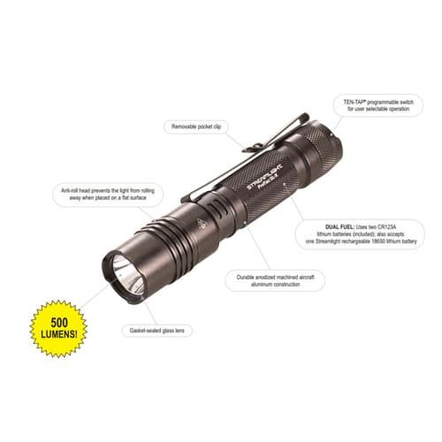 Compact 500 Lumen LED flashlight with aluminum body and clip for portable use.