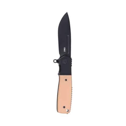 Sleek folding knife with black blade and tan grip, perfect for everyday and outdoor use.