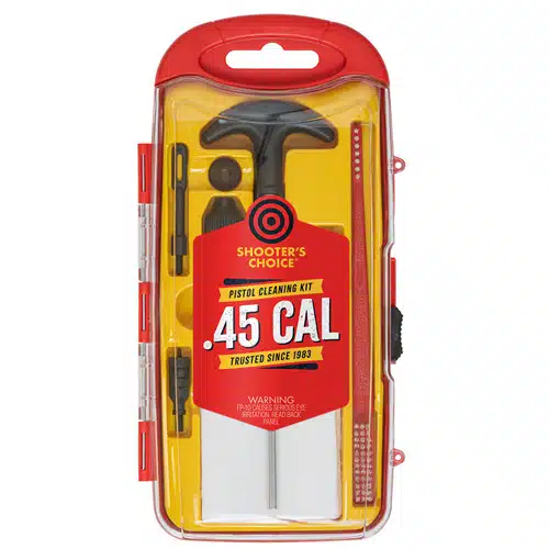 Compact .45 caliber gun cleaning kit for efficient firearm maintenance on-the-go.