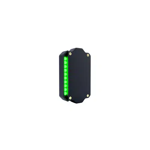 Compact black device with green LED indicators for status monitoring in tech applications.