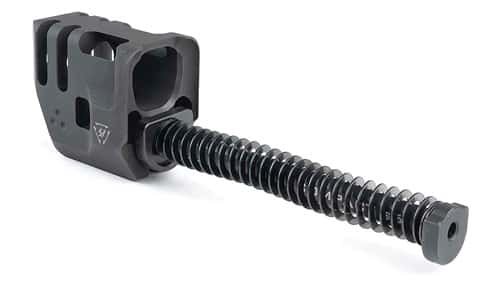Durable black stock assembly with recoil spring for enhanced comfort and stability in firearms.