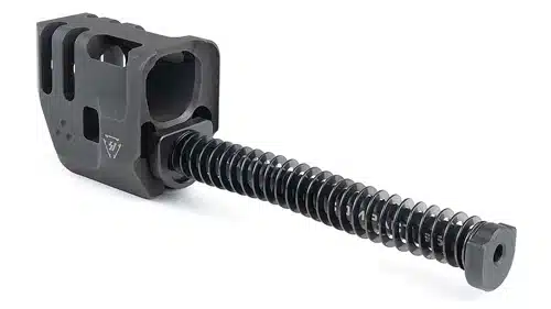 Durable black stock assembly with recoil spring for enhanced comfort and stability in firearms.