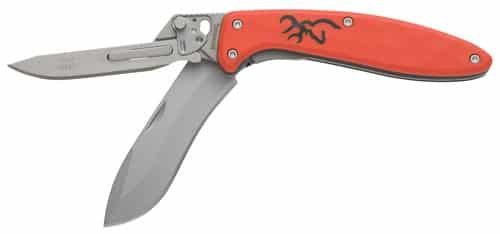 Vibrant orange folding knife with stainless steel blade, perfect for outdoor and everyday use.