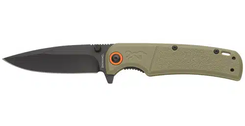 Durable folding knife with high-carbon steel blade and ergonomic green handle for outdoor use.